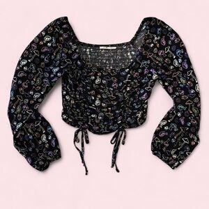Black Long-Sleeve Ruched Crop Top with Multicolor Mushroom Print